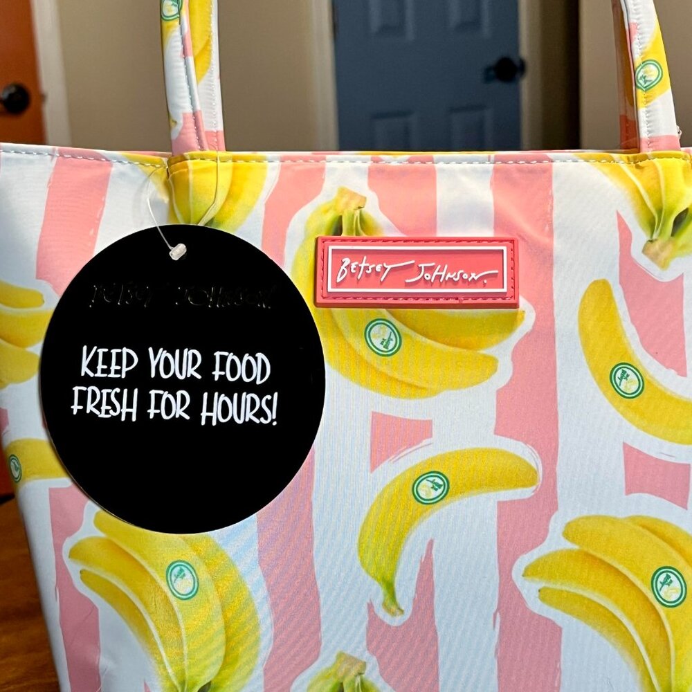 New With Tags! Betsey Johnson Pink Banana Striped Insulated Lunch Tote Bag - Picture 2 of 10